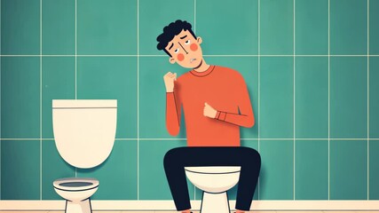 Worried man sitting on a toilet in a green tiled bathroom Humorous concept highlighting bathroom discomfort or health-related issues in a simple cartoon style