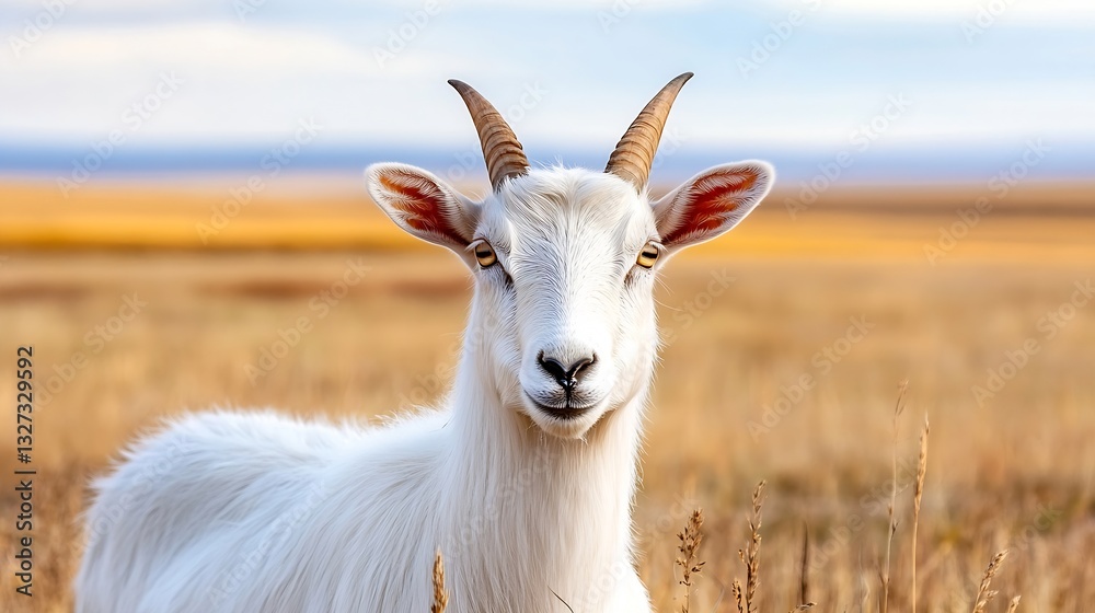Poster Charming goat with a smiling expression grazing in the open fields under a clear sky : Generative AI
