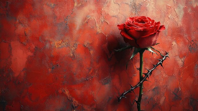 Red rose with thorns on textured background