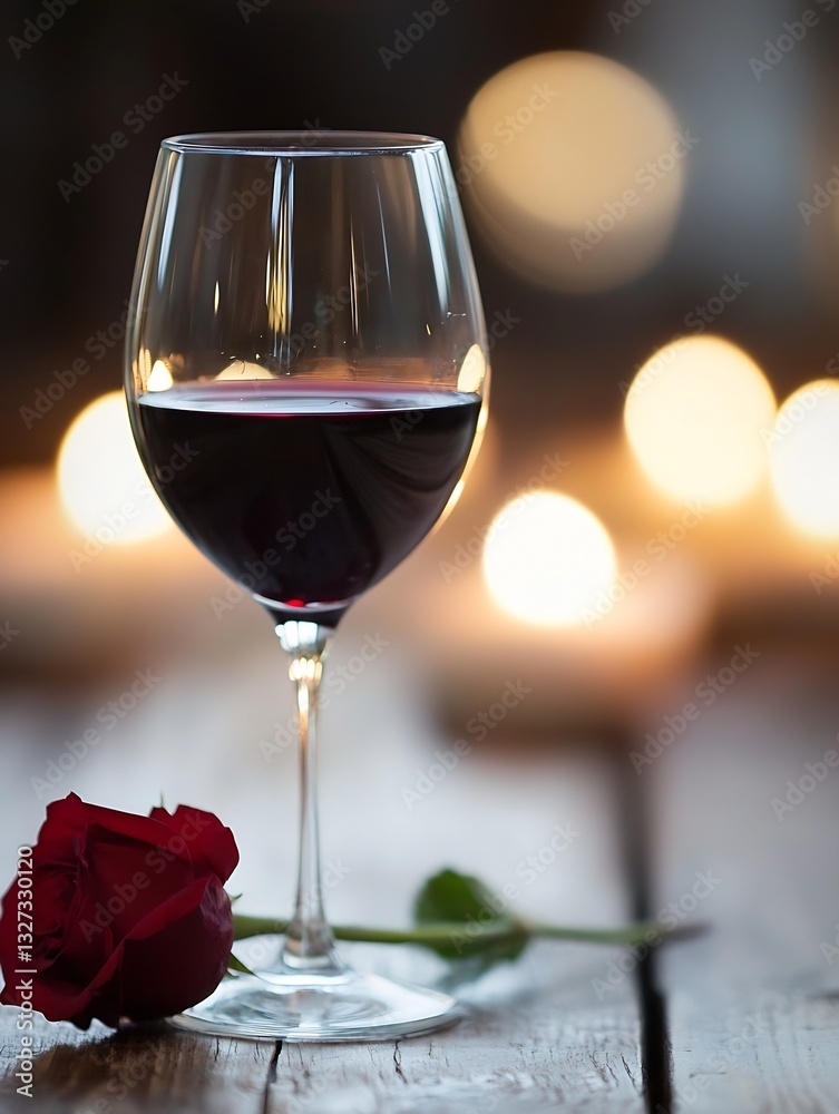 Poster elegant red wine glass with a rose and soft candlelight background : generative ai
