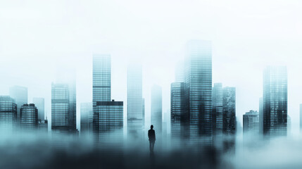 Fototapeta premium solitary figure stands amidst towering skyscrapers in foggy cityscape, evoking sense of isolation and mystery