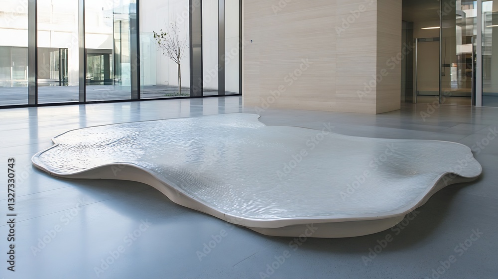 Poster contemporary art installation featuring a wavy reflective surface in a minimalist indoor setting : g