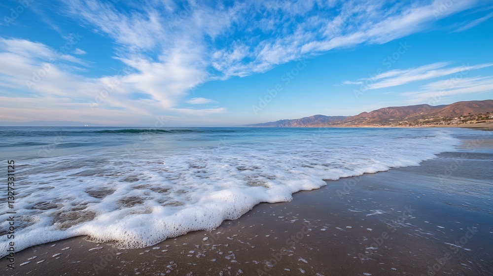 Poster picturesque beach scene with waves crashing softly on the sandy shore under clear skies : generative