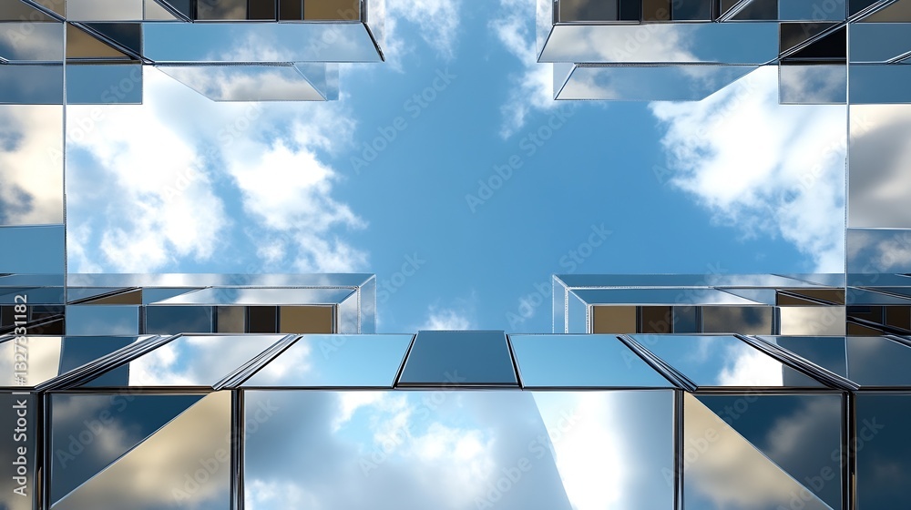 Poster Skyview of a modern glass building reflecting clouds and blue sky from below creating a stunning visual : Generative AI