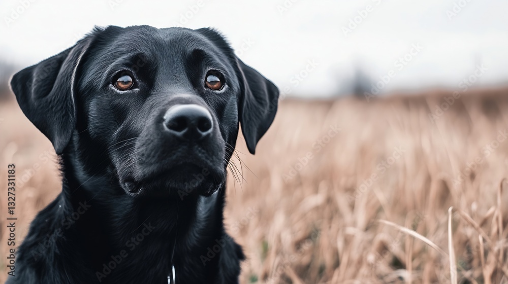 Poster closeup portrait of a loyal black dog looking into the distance in a field of dry grass : generative