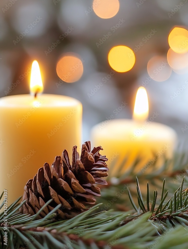Poster beautiful close up of a candle with pine cones and soft glowing lights in the background : generativ