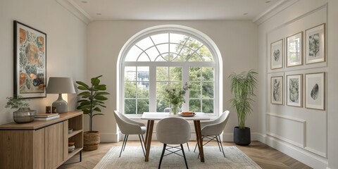 Fototapeta premium Dining Room with Arched Window, Light Wood and Natural Accents, Interiors , Furniture