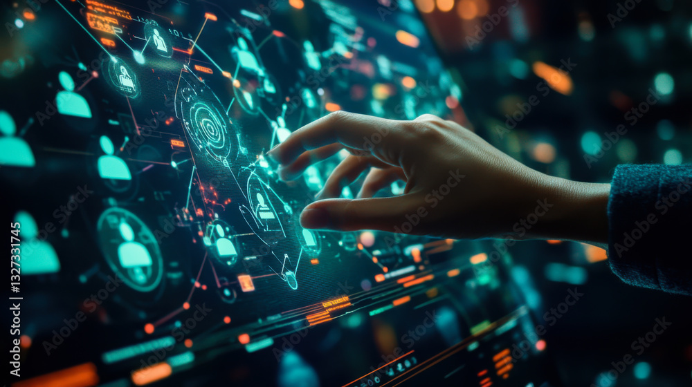 Poster engagement with digital interface displaying data visualization and technology concepts in a modern 