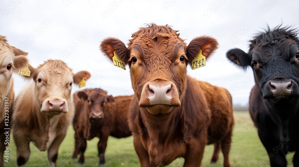 Poster curious cows standing closely on a green pasture with rich textures and natural scenery : generative