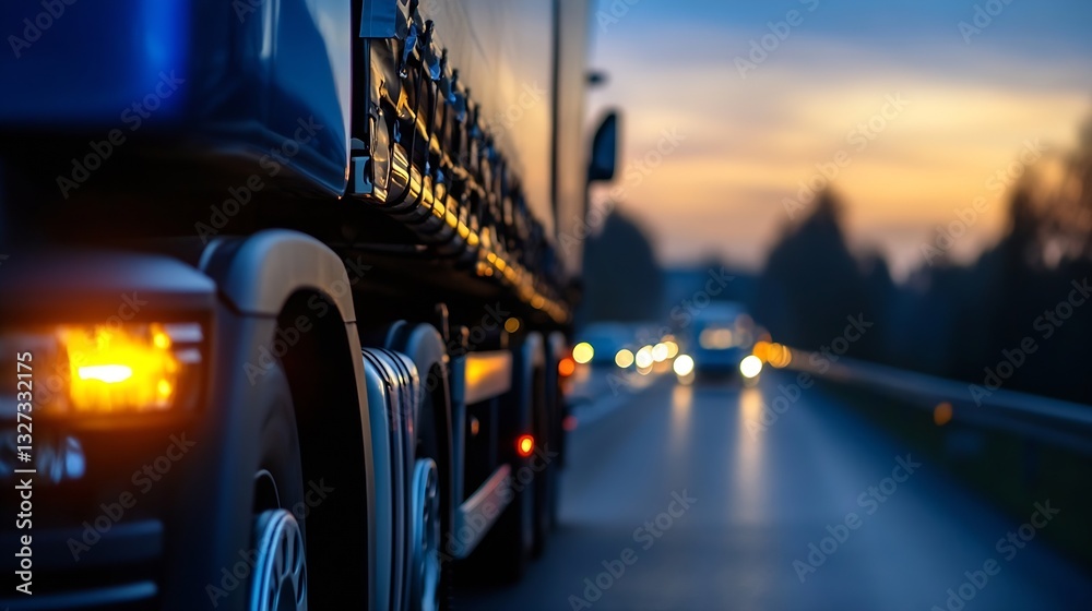 Poster heavy truck on an open road during beautiful twilight with blurred background : generative ai