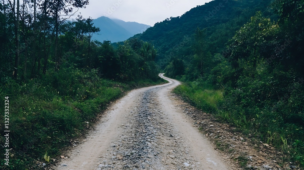Aufkleber winding gravel path through lush green forested hills under an overcast sky in a natural setting : g