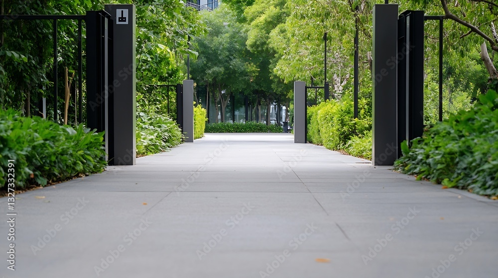 Aufkleber Serene Perspective of a Green Pathway Surrounded by Lush Trees in a Modern Park Setting : Generative AI