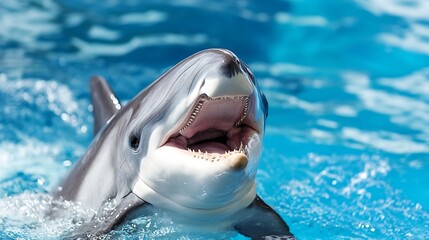 Fototapeta premium Playful dolphin swimming joyfully in crystal clear blue water with a happy expression creating splash and waves : Generative AI