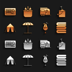 Set Sun protective umbrella for beach, Sand in bucket with shovel, Towel stack, Cocktail alcohol drink, Tourist tent, Rv Camping trailer, Passport visa stamp and Cooler bag water icon. Vector