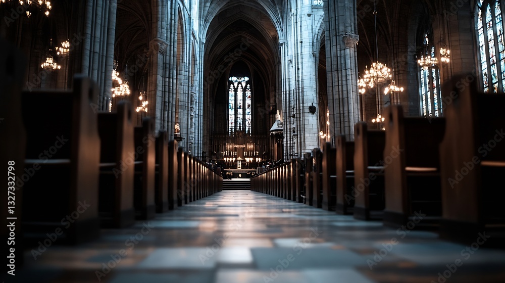 Poster inside a historic cathedral showcasing beautiful architecture and soft lighting inviting reflection 