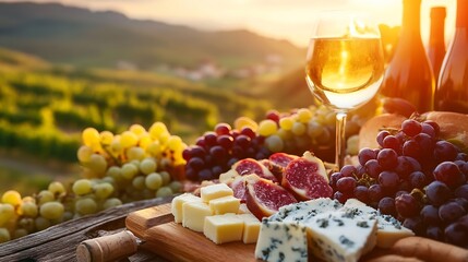 Gourmet Cheese Board with Wine and Fresh Fruits Set Against a Scenic Vineyard Landscape : Generative AI