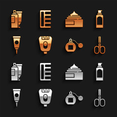 Set Epilator, Spray can for hairspray, Scissors, Perfume, Cream lotion cosmetic tube, and Hairbrush icon. Vector