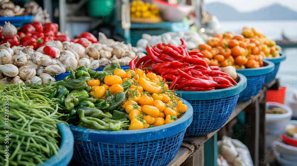 Aufkleber fresh organic vegetables displayed in vibrant baskets at a bustling local market setting : generativ