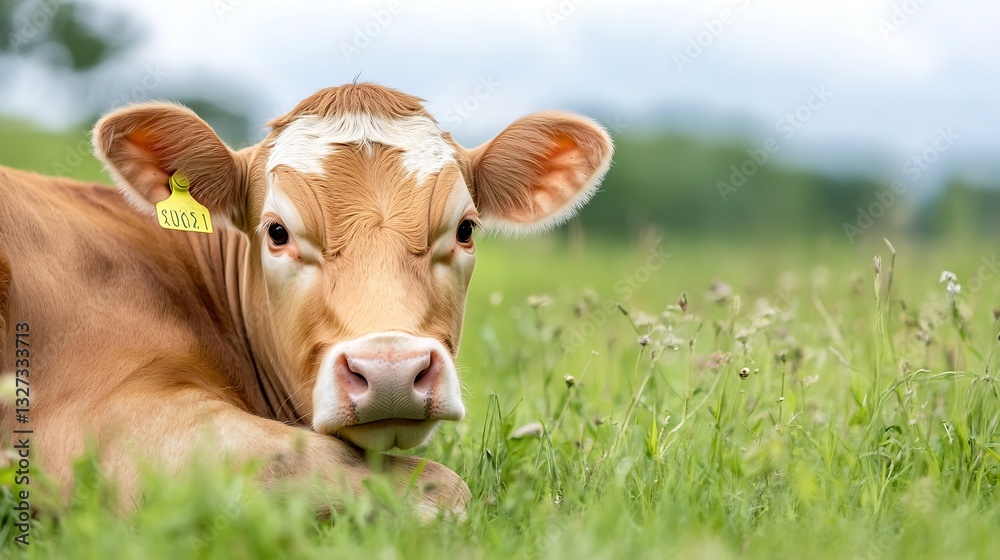 Poster closeup of a playful young calf resting in lush green grass under a cloudy sky : generative ai