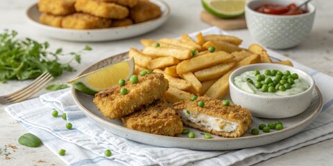 Crispy fried fish with chips, peas and lime on a plate, fastfood ,lunch