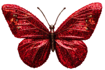 Red sparkling butterfly with intricate design and glitter
