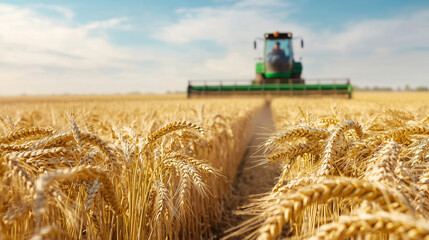 A farmer harvesting crops in a golden wheat field