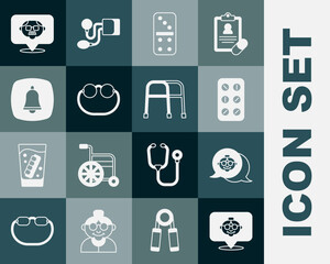 Set Grandmother, Pills in blister pack, Domino, Eyeglasses, Emergency phone call, Grandfather and Walker icon. Vector