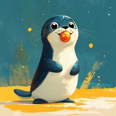 Naklejka premium Delightful Seal with a Playful Ball in Mouth on Beach Cute Cartoon with Teal Background Joyful Scene
