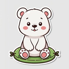 Naklejka premium Cute Cartoon Polar Bear Sitting on Leafy Green Cushion Sticker