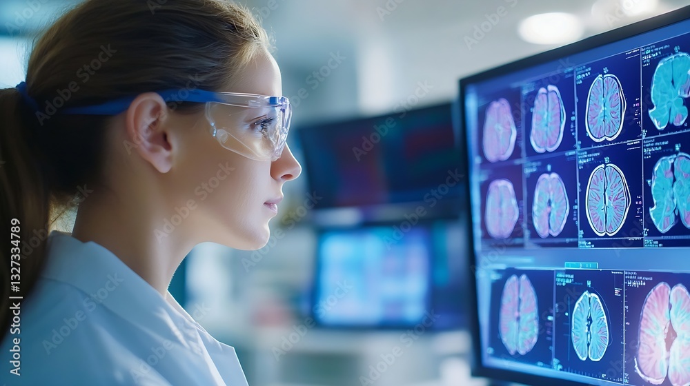 Aufkleber female scientist analyzing brain scans showcasing medical technology and innovation in neuroscience 