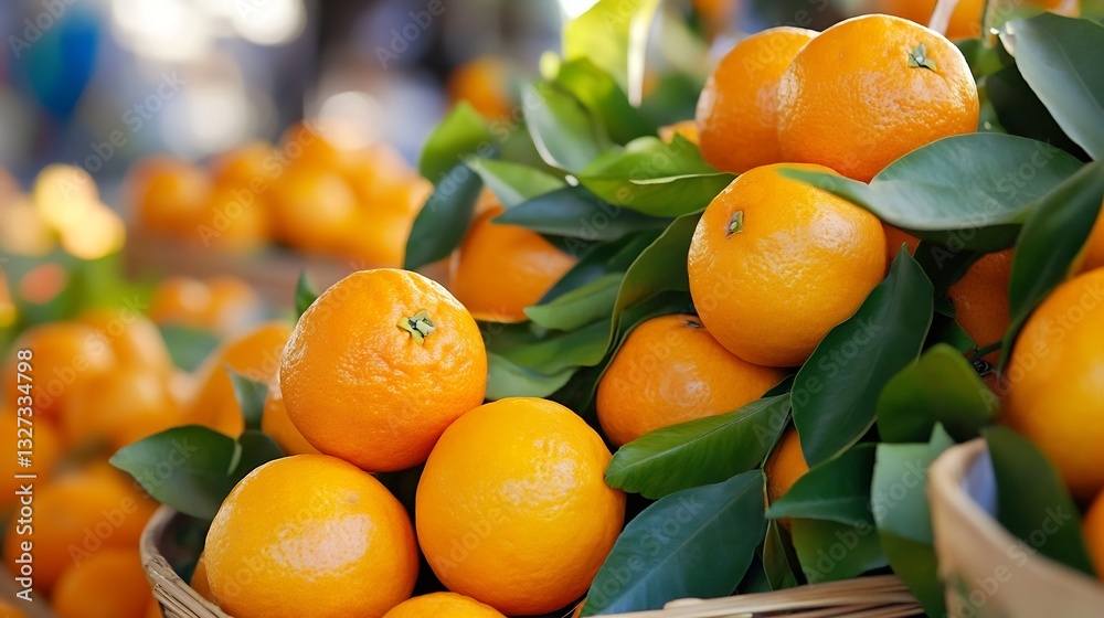Aufkleber vibrant assortment of fresh oranges piled high in a rustic basket : generative ai