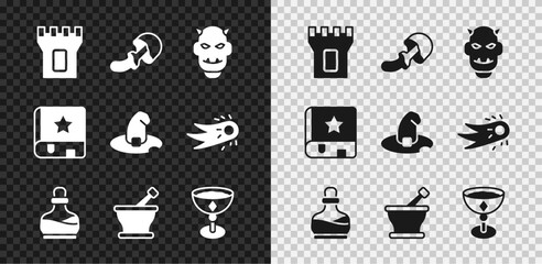 Set Castle tower, Psilocybin mushroom, Mask of the devil with horns, Bottle potion, Mortar and pestle, Medieval goblet, Ancient magic book and Witch hat icon. Vector