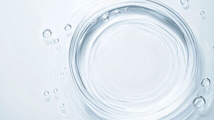 Flat Lay Top View of a Translucent Serum Circular Frame with Delicate Droplets and Gentle Ripples. Copy space. Generative AI