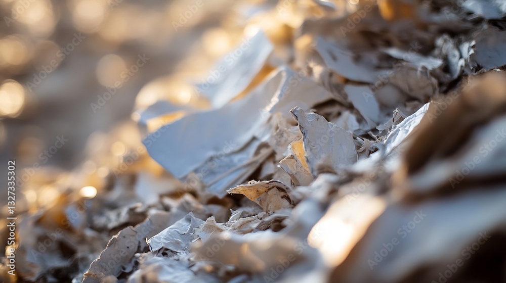 Poster close up of crushed and scattered metallic material reflecting sunlight in an industrial environment