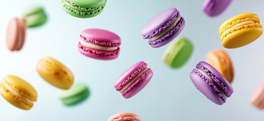 Colorful floating macarons in various flavors and pastel colors against soft background