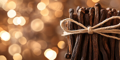 Fototapeta premium Bundle of Dried Vanilla Beans with Warm Golden Bokeh Lights