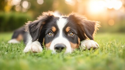 Adorable dog relaxing on green grass during golden hour radiating warmth with expressive eyes and playful demeanor : Generative AI