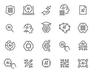 Editable vector icons in a linear style on the theme of artificial intelligence and technology. Popular AI symbols, ready for use.