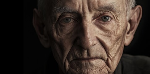 an elderly man with wrinkles, against a black background, close-up portrait, with space for text and title
