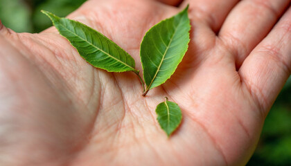 Tea leaves on palm hand background. Tea leaves wallpaper