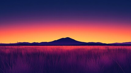 Obraz premium Vibrant Sunset over Mountain Range, Field of Grass