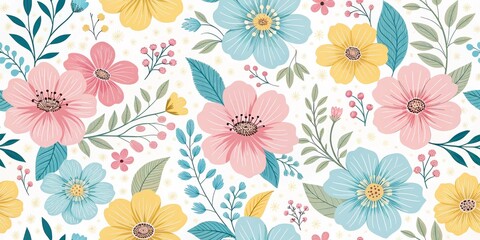Colorful Floral Pattern with Pink, Blue and Yellow Flowers, wallpaper , textile