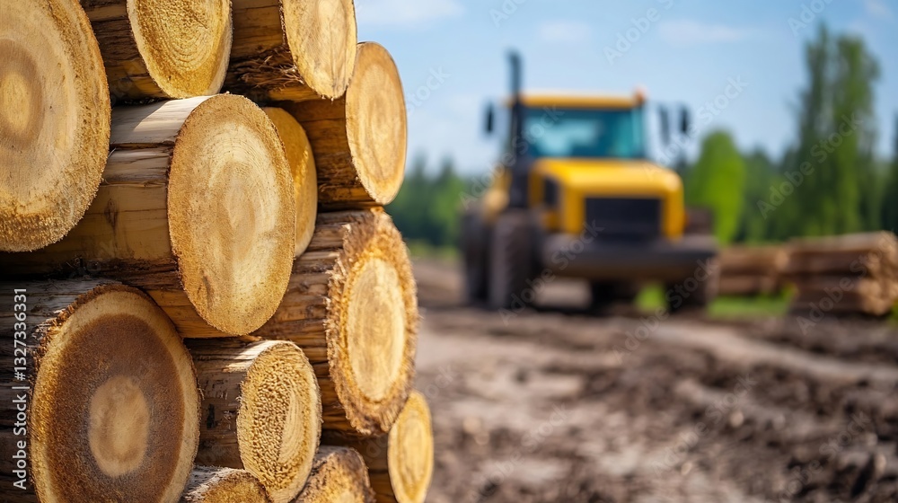 Poster Stack of Freshly Cut Logs with Yellow Tractor in the Background on a Sunny Day : Generative AI