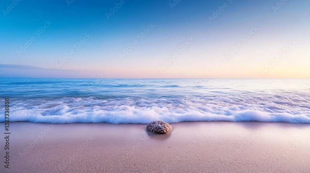 Poster tranquil seascape with calm water on sandy beach at dawn highlighting a single stone : generative ai