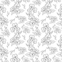 Floral seamless background line art. Cherry Blossom seamless pattern. Floral background with Cherry Blossom. March birth month flower line art. Botanical Background for wrapping paper, textile