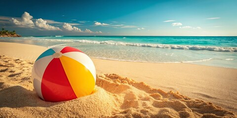 Obraz premium Colorful Beach Ball on Sandy Shore - Ocean View, Summer, Vacation