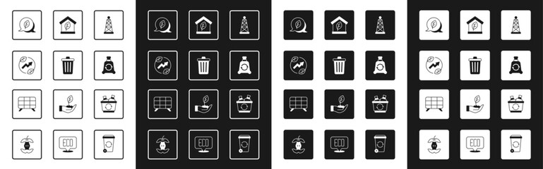 Set Oil rig, Trash can, Electric saving plug in leaf, Leaf Eco symbol, Garbage bag with recycle, friendly house, Recycle bin and Solar energy panel icon. Vector
