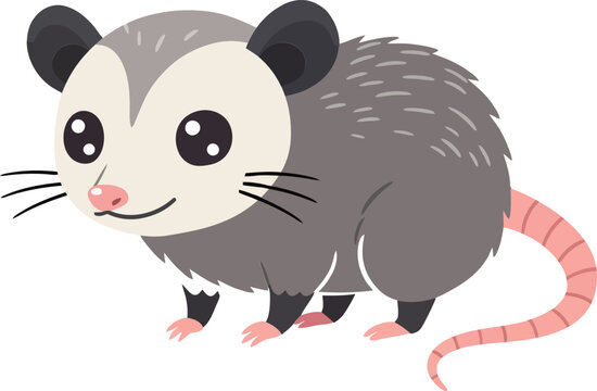 Cute opossum character in a playful pose, featuring flat design and vibrant colors, ideal for childrens illustrations or educational vector art