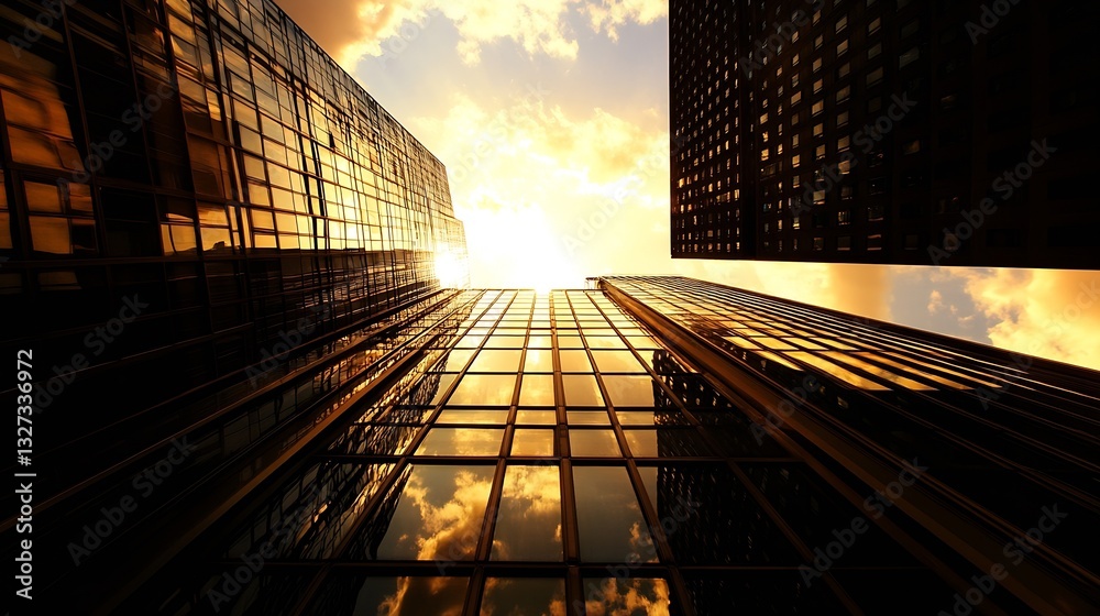 Poster stunning view looking up at towering skyscrapers during sunset with clouds reflecting golden light :