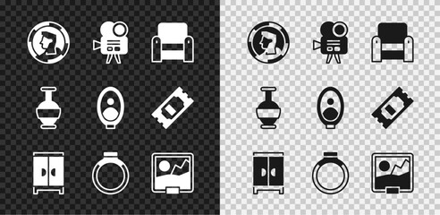 Set Ancient coin, Retro cinema camera, Armchair, Wardrobe, Gold ring, Picture, amphorae and Portrait picture museum icon. Vector